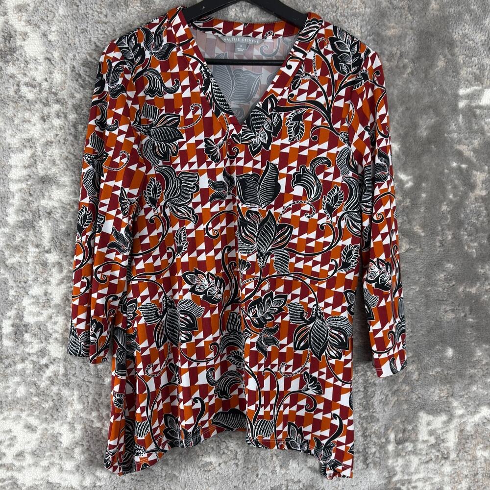 Valerie Stevens Size S Geometric V Neck Floral Print Top 3/4 Sleeve‎ Casual12